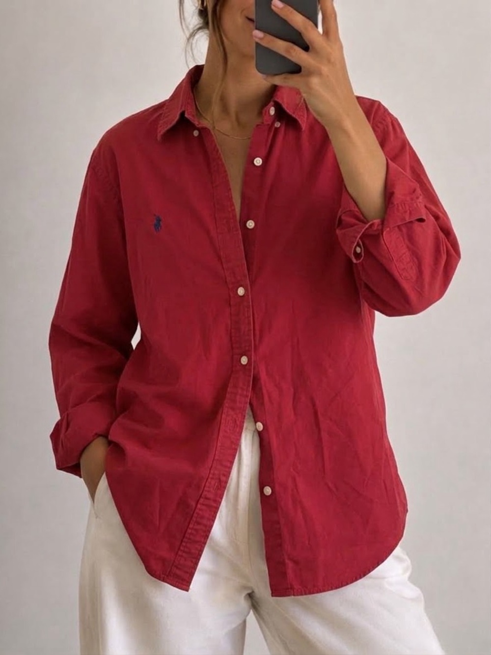 Ralph Lauren Oversized Button Down Shirt Size Medium Women’s Red Fall Top